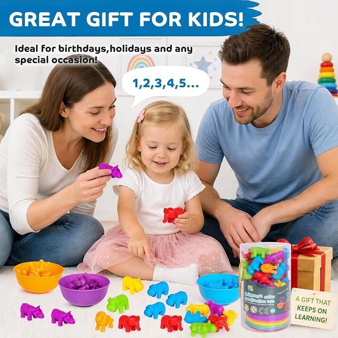 Counting Animals Montessori Toys, Color Sorting Learning Toys for Kids 3-5 | Sensory Bin Filler, Counting Bears, Fine Motor Skills, Preschool Educational Toy for 3 4 5 Year Old Boys Girls Birthday Gift