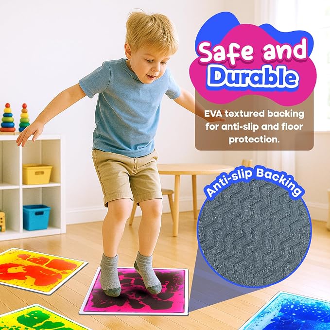 Sensory Floor Tiles for Kids Toddlers: 4Pack Liquid Sensory Mat Puzzle Pads | 12"x12" Colorful Autism Sensory Play Mat for Dancing Stepping Lava Tile Games, Daycare Sensory Room Preschool Must Have