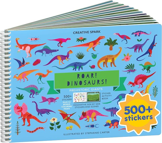 Cupkin Dinosaur Coloring & Sticker Activity Book | 500+ Stickers | Spiral-bound kids craft format with 12 scenes, 12 art pages, side-by-side viewing, and an easy-peel design for ages 2–8