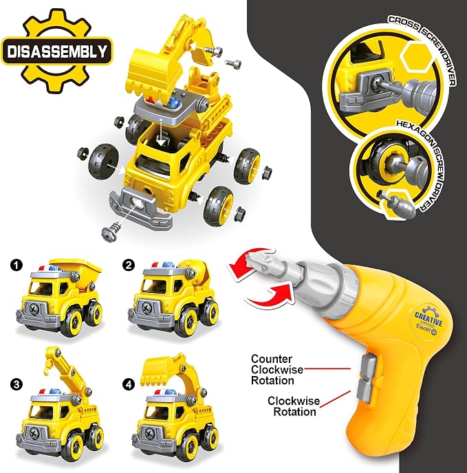 4-in-1 Take Apart Car Toys for Boys, DIY Engineering Construction Trucks | Toy Vehicle - Dump Truck, Cement Mixer, Excavator, Crane, Kids Building Educational Toy Gift for Age 3 4 5 6 7 8 Year Old Boy