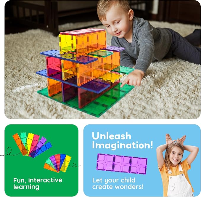 PicassoTiles 28 Piece Large Magnetic Tiles, Stabilizer STEM Set for Kids 3+ | Doubles as foundation, column, pillar support, extra strong magnets, vivid clear colors, safe creative preschool play time
