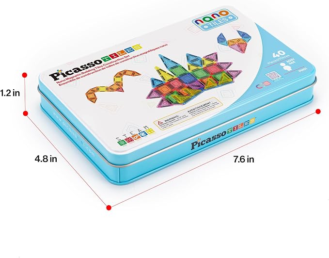 PicassoTiles 40 PCS Mini Magnetic Tiles Travel Toy Educational Building Set | BPA-free plastic construction, age 3+ STEM learning, hand-eye coordination, compact storage box, portable geometric blocks
