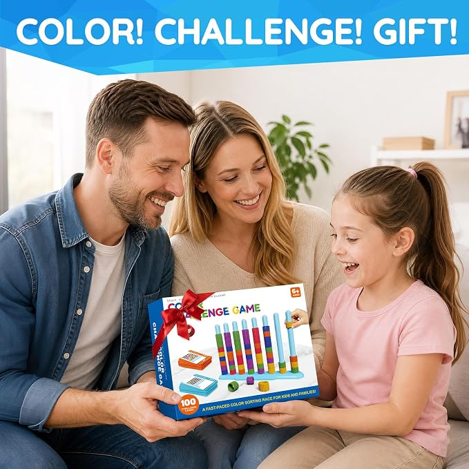 LLESSOO 1 Pack Color Challenge Game – Solo Play Color Matching Puzzle Game, Fun Board Game for Kids 6-8-12, Adults, Party & Family Game Night, Stacking Game with 1 Stack Rack, 100 Cards, 60 Rings