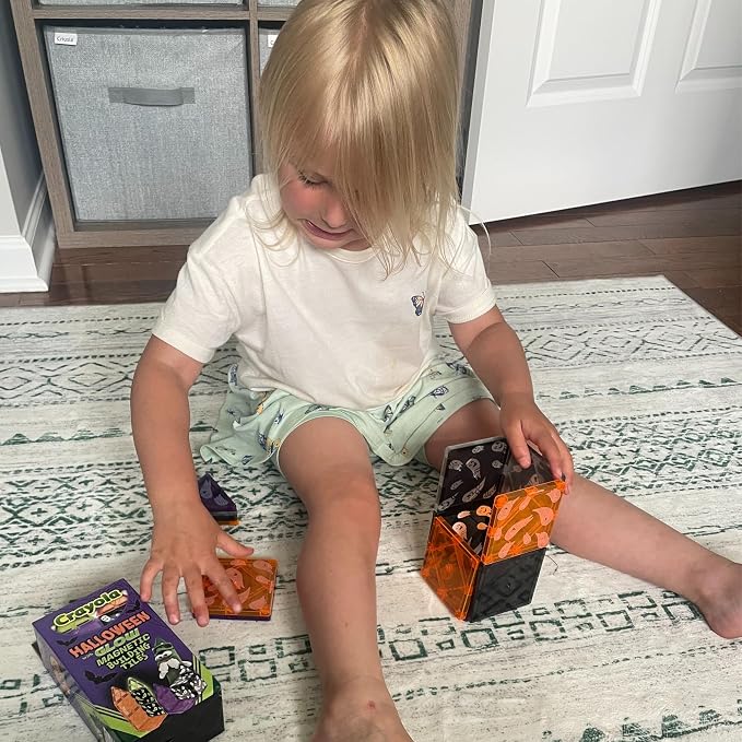 CreateOn Crayola Magnetic Tiles, Building Set for Kids, Halloween Toy for Kids, Travel Toys, Classroom Sensory Blocks, STEM & Montessori for Boys & Girls Ages 3+, 14-Piece Set (Halloween)