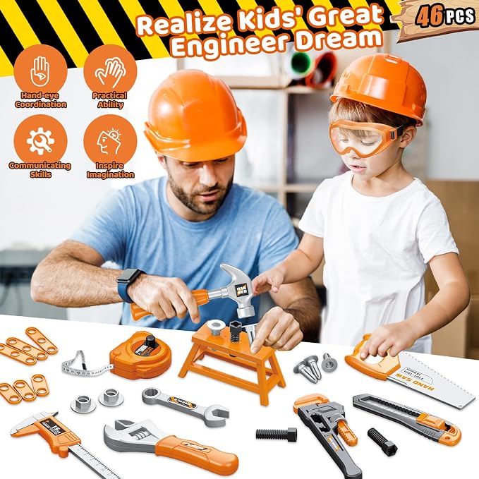 Kids Tool Set, Toddler Tool Box, Toy Drill, Construction Toys for Ages 3-5 | 46 Pcs Kids Toy Tools Kits for Toddlers Pretend Role Play, Christmas Birthday Gifts for Boys Girls Ages 3 4 5 6 7 8, Orange