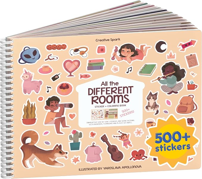 Cupkin All The Different Rooms Coloring & Sticker Book | 500+ Stickers | Spiral-bound kids craft format with 12 scenes, 12 art pages, side-by-side viewing, and an easy-peel design for ages 2–8