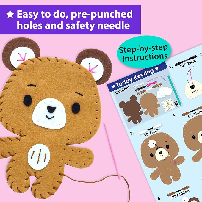 KRAFUN Unicorn Animal Sewing Keyring Kit for Kids Ages 7-12 | 6 Dolls | Make 6 stuffed animal keyrings: Bear, Dog, Rabbit, Raccoon & Owl. Instructions & felt materials included