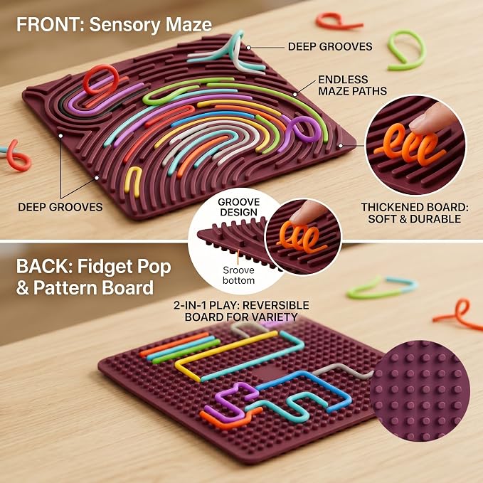 Large Sensory Activity Board, Silicone Fidget Toy for Autism, ADHD & Stress Relief, Double-Sided Quiet Montessori Fine Motor Skills Toy Gift for 3+ Kids, Adults with 36 Strips Portable Bag (Berry)