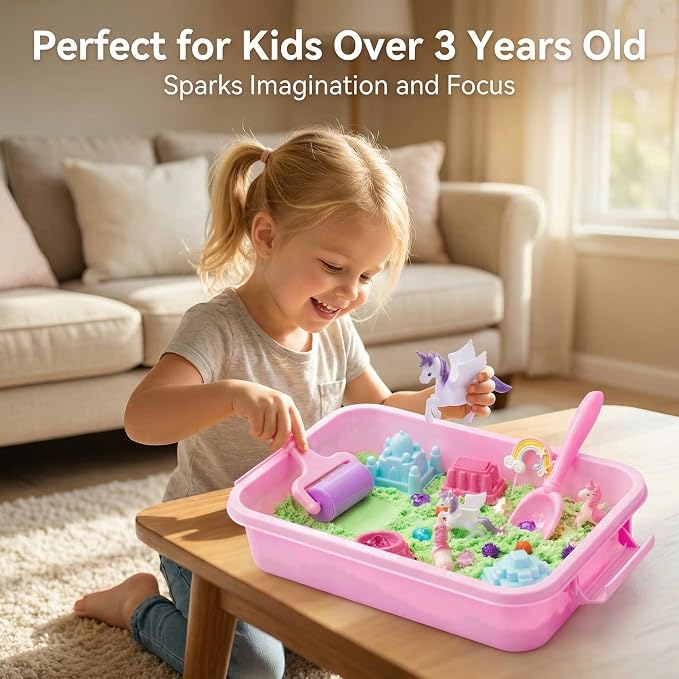 Carolart Unicorn Sensory Bin, Sand Box Kit with Sensory Sand for Girls | Unicorn sand kit , Sensory kit with castle molds and storage bin for creative play, girls gifts for toddlers ages 3+