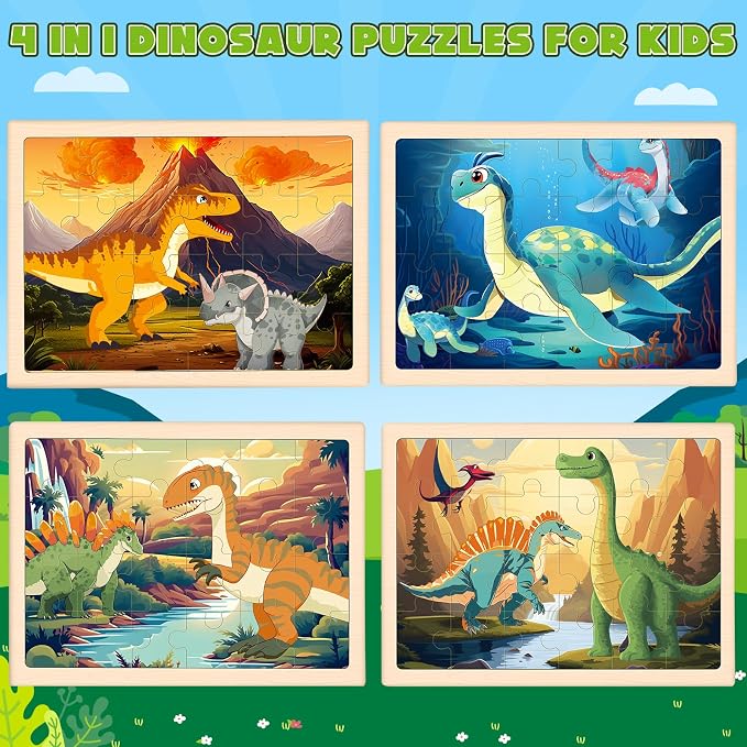 4-Pack Wooden Puzzles for Kids Ages 3-5, 24-Piece Dinosaurs Toddler Set | Toddler Puzzles Ages 3-5, Preschool Puzzles with Wooden Jigsaw Boards for Fine Motor Skills, Shape Recognition and Travel