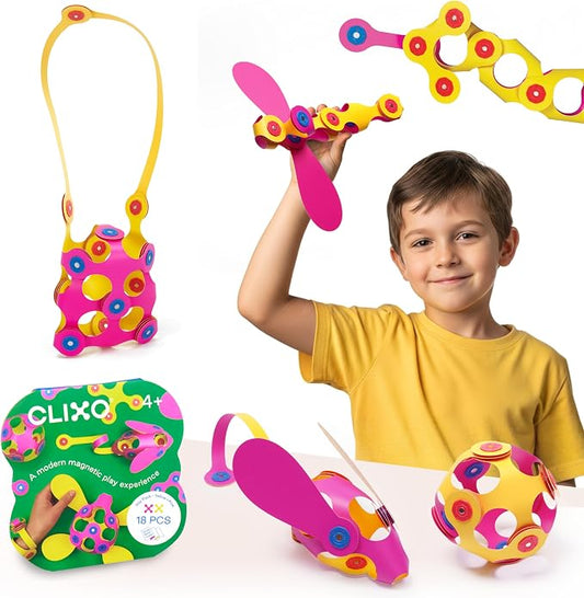 Clixo Itsy Pack, Fun Travel STEM Magnetic Toys (18 Pc, 4+, Pink/Yellow) | Compact open ended toys for screen-free play. Airplane activities and kids road trip games. Easy to clean magnetic STEM sets.