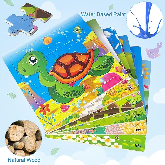 Sealive Wooden Animal Puzzles for Kids Ages 3-5, 6 Pack 16 Piece Jigsaw Set | for Toddlers & Preschoolers, with Early Learning, Fine Motor Skills, Problem Solving, Screen-Free Play, Travel & Gift Option