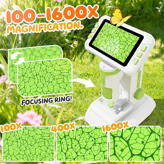 1600X Microscope for Kids, 1080P 4.0" Digital Screen Kids Microscopes with Slides Kit, Educational Science Toys for Christmas Birthday Gifts for 3-14 Year Old Children Students