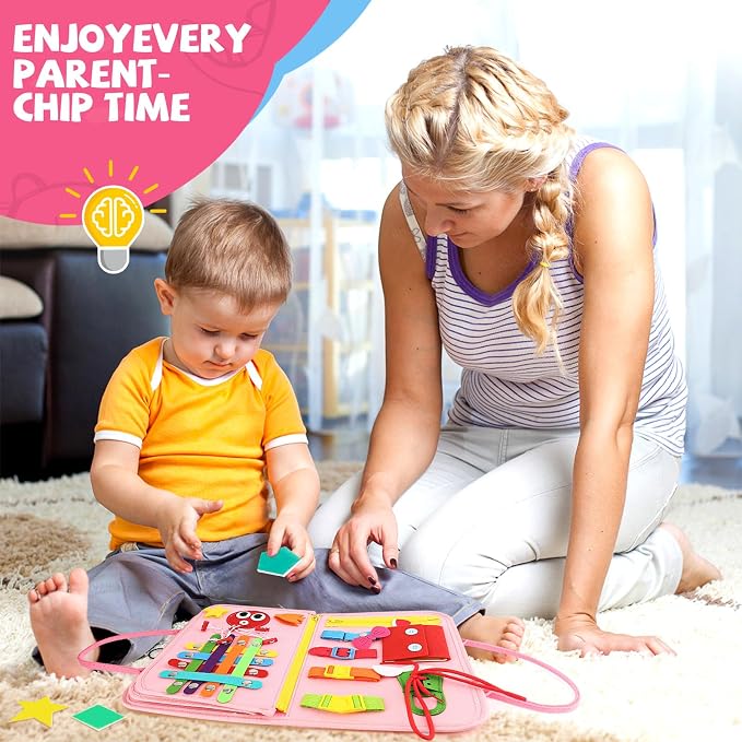 Toddler Busy Board, Montessori Sensory Toys for Boys, 3-8 Year Old Girl Toddler Travel Toys, Educational Learning Activities Board for Motor Skills, Birthday Gifts for Airplane Car, Pink