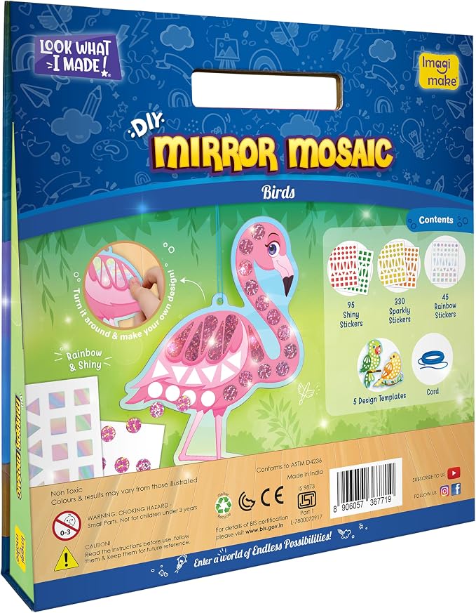 Imagimake Mirror Mosaic - Birds, 5 Templates, 450+ Stickers | Mess-Free Craft Activity, Screen-Free Creative Art Kit for Kids, Birthday Gift for Boys & Girls Ages 3,4,5,6,7 Years Old