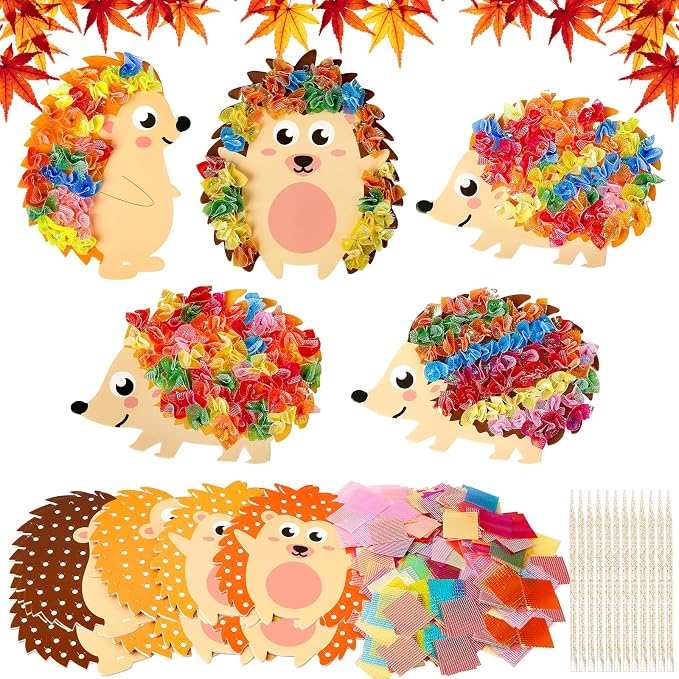 Fennoral 9 Pack Hedgehog Poke in Art Craft Kit for Kids | Make You Own Hedgehog Foam Stickers DIY Autumn Art and Craft for Boys Girls Art Activities Fall Thanksgiving Decoration