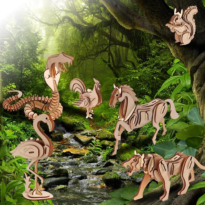 calary 3D Wooden Puzzle Simulation Animal Dinosaur Assembly DIY Model Toy for Kids and Adults,Set of 6