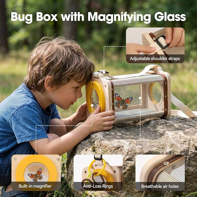 Wooden Bug Catcher Kit for Kids 3-8, 10PCS Durable Outdoor Explorer Kit with Magnifying Glass, Butterfly Net & STEM Guide, Catch & Release Adventure Set for Backyard & Camping