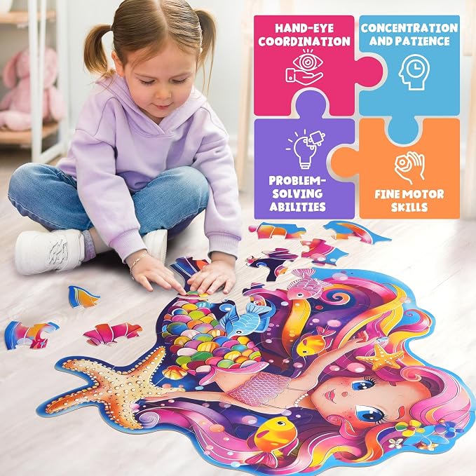 BenBen Floor Puzzle for Kids Ages 3-8, Mermaid Shaped Large Piece Puzzles | 52 Pieces Extra-Thick Jumbo Jigsaw Puzzle for Toddlers Ages 4-6, Preschool Educational Toys with Storage Box for Girls Boys