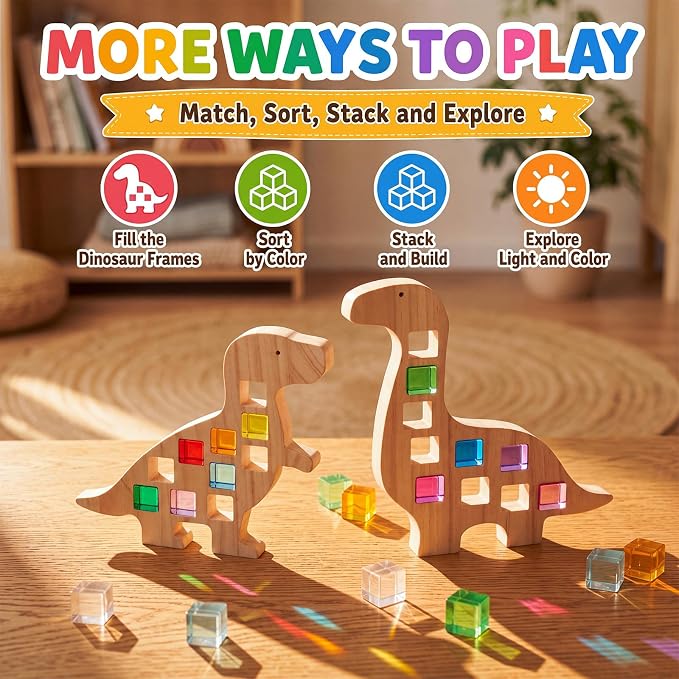 Soulchen Kids Wooden Building Block Set, 20 Rainbow Gem Cube Stacking Blocks - 2 Dinosaur Skeletons, Montessori Toddler Stacking Toy, Learning Educational Toy Sensory Gift for Boys Girls