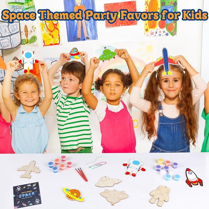 JOTIKO 12 Pack Space Party Favors - Wooden Keychains Painting Kits Toy Arts Crafts for Kids, Out Space Astronaut Birthday Party Return Gifts Activities Goodie Bag Stuffers Classroom Prize Exchange