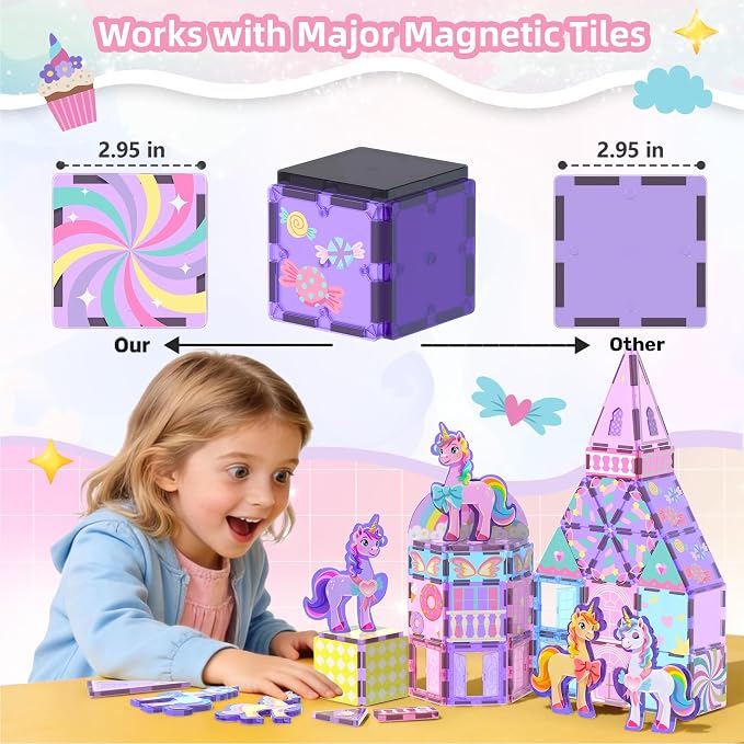 GobiDex 100PCS Unicorn Magnetic Tiles with 6 Unicorns | Princess Castle Unicorn Toys for Girls Age 4-6, STEM Magnetic Blocks Building Toys for 3 4 5 6 Year Old Girl Birthday Gifts