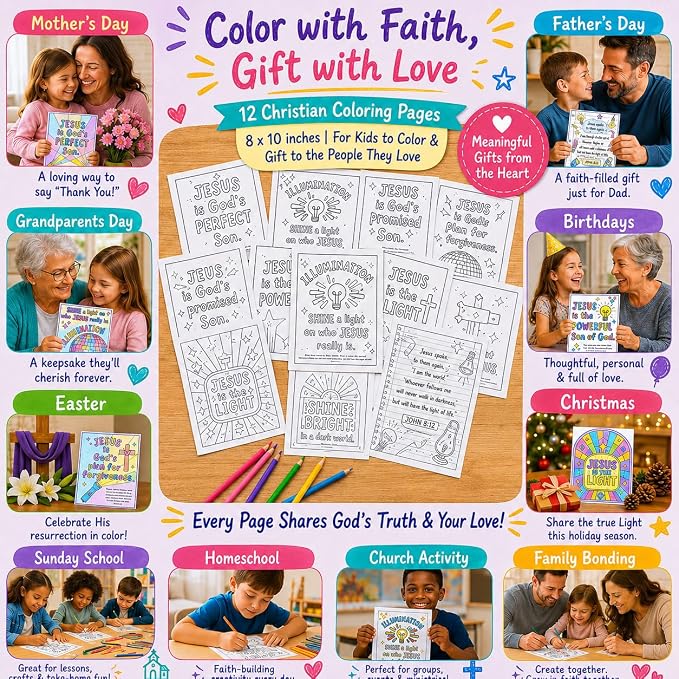 Sunday School Crafts for Kids, Jesus Coloring Pages for Kids, 12 PCS Christian Bible Verse Coloring Sheets, Religious Activity Pages for Sunday School, Preschool, Homeschool, Learning Activities