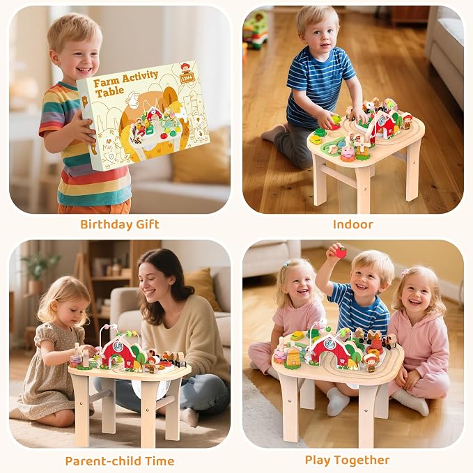 Weilim Montessori Activity Table for 1 Year Old, Wooden Farm Toddler Toy | Busy Activity Center with Bead Maze, Shape Sorter, Train Track & Spinning Gears—Sensory Play That Grows Fine Motor Skills