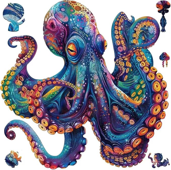 Qiuenisray Wooden Puzzle for Adults 300 Pieces, Ocean Octopus Jigsaw Puzzle | Wood Puzzle 12.8x12.7 in, Beautiful Wall Decor, Wooden Puzzle with Box Birthday Gifts for Adults and Kids Family Game
