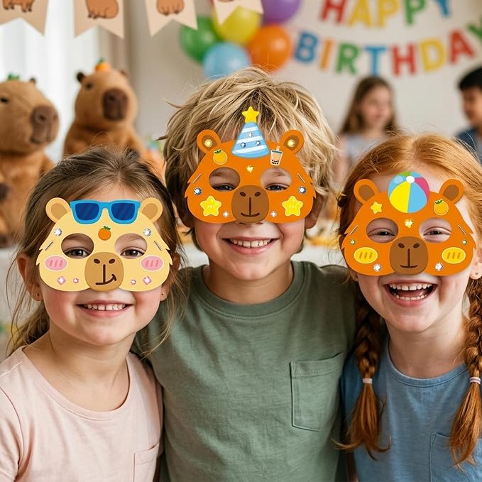 WATINC Capy Theme Bara Mask - 24pcs Make Your Own Cartoon Animal Foam Mask Craft Kit for Kids, Capy Character DIY Set with Diamond Stickers for Birthday Cosplay Party Supplies Photo Prop Boys Girls