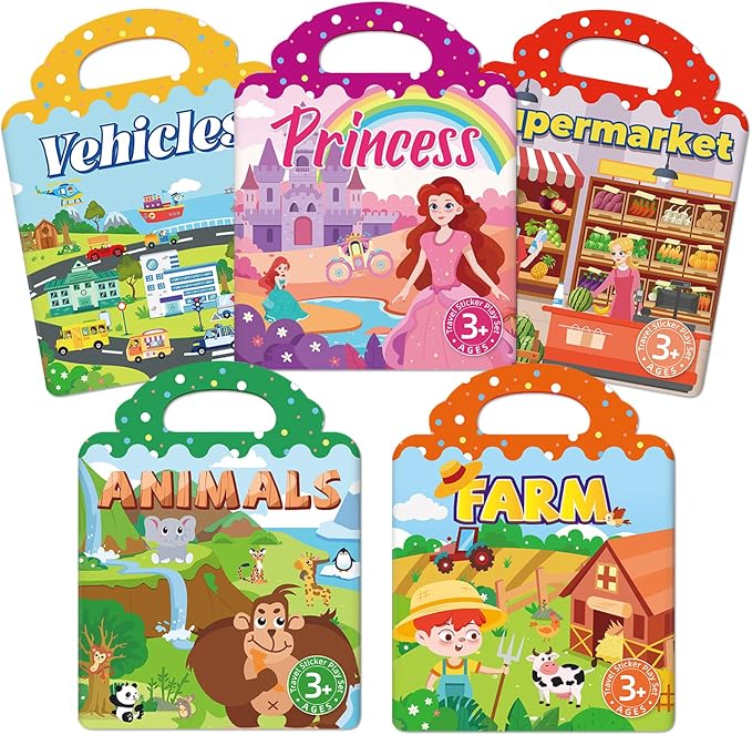 Sticker Books for Toddlers 2-4 Years, 5 Sets Reusable Sticker Books for Toddlers 1-3, Jelly Toddler Stickers Travel Toys for Ages 2+ Kids Boys Girls, Encourages Creativity, Focus, Fine Motor Skills