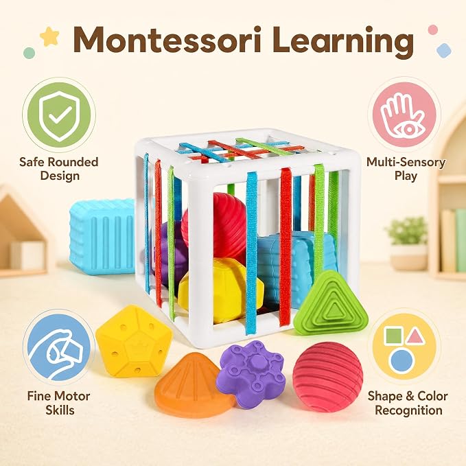 Montessori Toys for 1 Year Old - 6 Pc Shape Sorter Activity Cube | Toddler Learning Toy, Developmental Skills, 12 Months & Up, 1st Birthday Gift for Toddlers 1-3