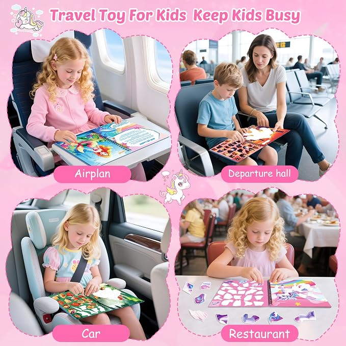 4Pcs Paint by Number Sticker Book with Story for Kids Ages 4-8 | Paint by Sticker Activity Books for Girls, Screen-Free Travel Airplane Car Toy, Art Craft Puzzle Gift for kids 3-12