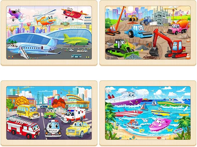 Wooden Puzzles for Kids Ages 4-6, 4 Pack 24 Pcs Toddler Puzzles Set for Ages 3-5, Educational Learning Toys Gift for Boys Girls 3 4 5 6 Year Old, Vehicle Transport Construction Car