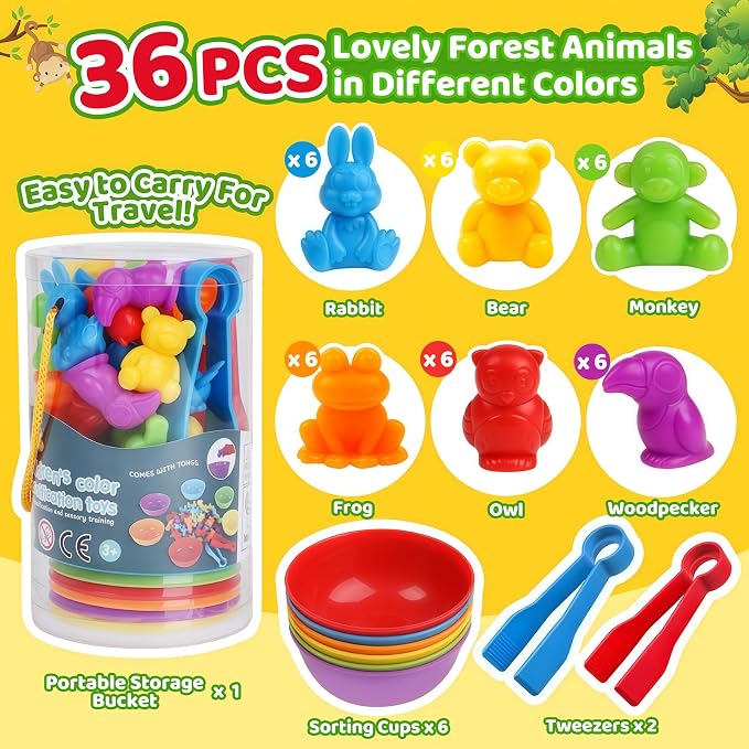 Counting Animals Color Sorting Matching Games with Sorting Bowls Montessori Sensory Early Educational Toys Learning Fine Motor Skill & Counting Math Toys Gift for 3 4 5 Year Old Boys Girls