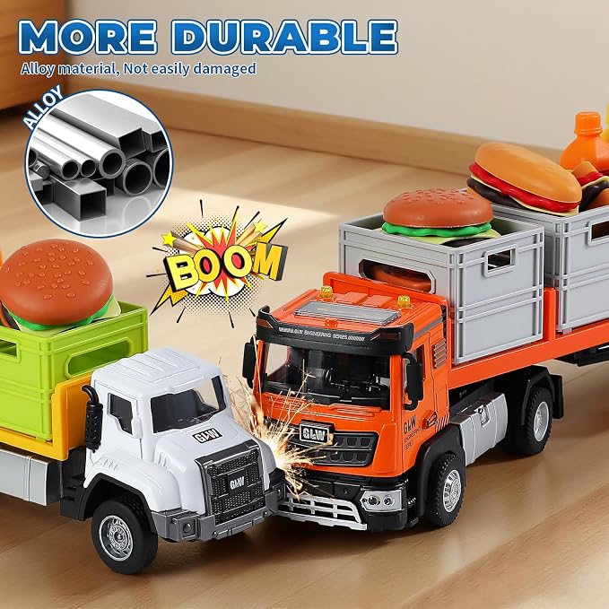 Food Transport Truck Toy for Age 3-8 Kids – Alloy Vehicles Head 1:55 Goods Trailer with Cargo Box and Food Model, Lights & Sounds (Transport Truck Orange)