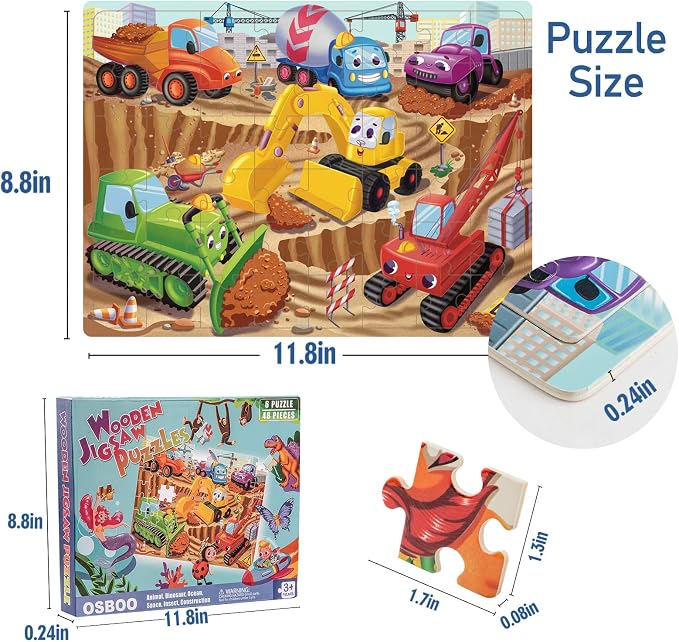Wooden Puzzles for Kids Ages 4-6-8, 48 Piece Jigsaw Puzzles for Kids 3 4 5 6 7 8 Year Old, Toddler Children Preschool Puzzles Educational Toys for Boys and Girls