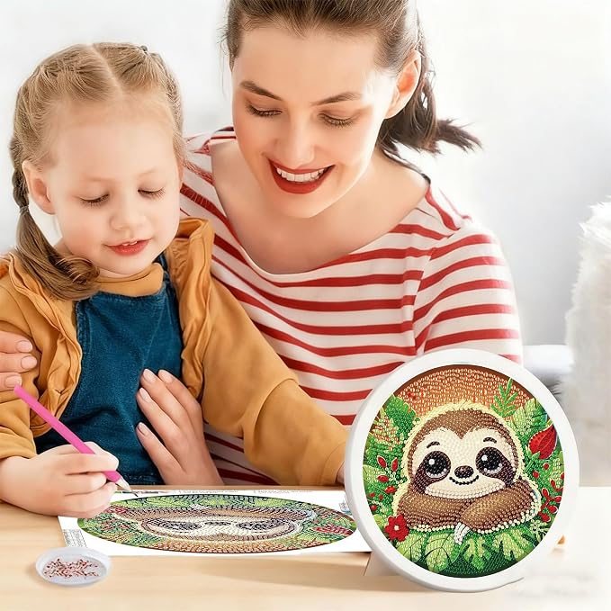 Gemozaic Sloth Diamond Art Kits for Kids Ages 6-8-12, Round Frame, 8 x 8 in | Cute Sloth Diamond Art for Kids 10 12 Year Old, DIY Easy Kid Big Gem Painting, Animal Arts and Crafts for Girl Birthday Gift