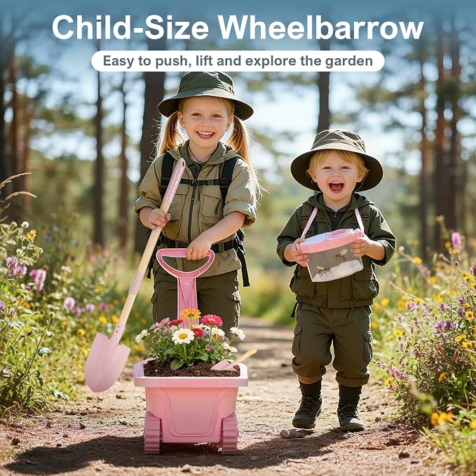 Dreamon Kids Gardening Set, 14Pcs Kids Gardening Tool with Bug Catching Kit | 2-in-1 Outdoor Toys with Wheelbarrow and Bug House, STEM Educational Toys for 3 4 5 Year Old Girls Boys Birthday Gifts, Pink
