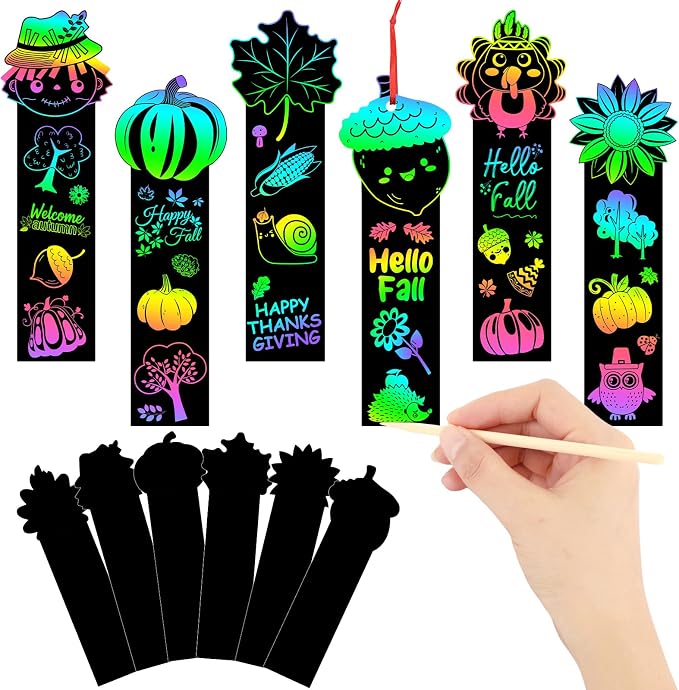 JUNEBRUSHS 30Pcs Fall Scratch Bookmarks, Rainbow Scratch Paper Art | Hello Fall Autumn Leaves, Pumpkin Turkey DIY Crafts Kit, for School Classroom Activity, Thanksgiving Party Favor