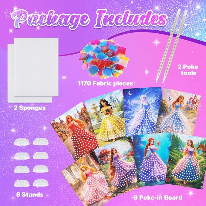 VEYLIN Screen-Free Poke and Poke Art Kit for Girls Ages 4-8, 8 Princess Designs with 1100 Fabric Squares, Mess-Free DIY Arts and Crafts, Travel Activity Birthday Gifts for Kids