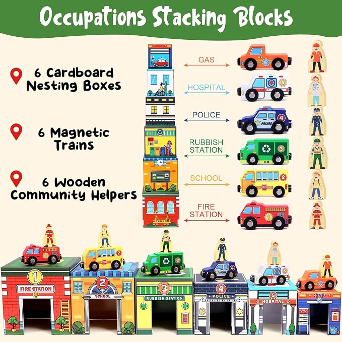 Atoylink Toddler Sorting and Stacking Toys with Magnetic Wooden Cars & Community Helpers, Baby Number Blocks Nesting Boxes Preschool Learning Montessori Toys for 2 3 Year Old Boys Girls Gift
