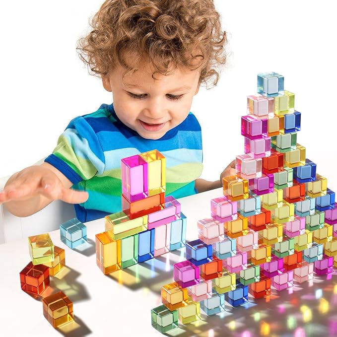 Dinhon 100 Pcs Acrylic Blocks for Toddler - 10 Colors Rainbow Gem Blocks, 2.5x2.5cm Crystal Cubes Stacking Rainbow Toy for Kids 1-5 Years Old, Light Table Blocks Bulk Birthday Gift