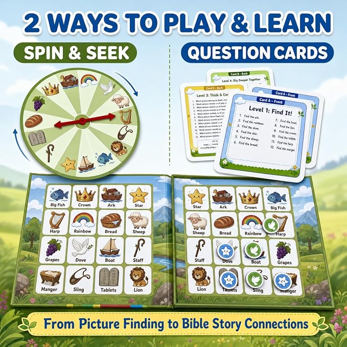 Travofun Magnetic Bible Story Spin & Seek Bingo Game for Kids Ages 3-8 | Portable Christian Learning Toy with Spinner & Question Cards | Interactive Travel Game for Road Trip