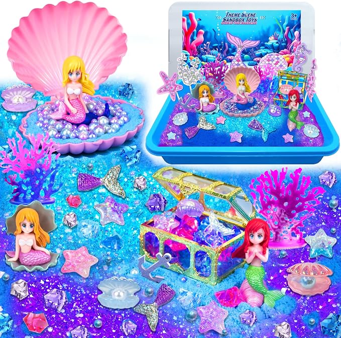 Mermaid Sensory Bin, Sandbox Play Sand Art Kit for Girls Boys 3 4 5 6 7 8 | Sensory Bin with Sandbox & Accessories & Tools & Colorful Sea Shell Gems Toys Set, Indoor Outdoor Pretend Play Beach Toy