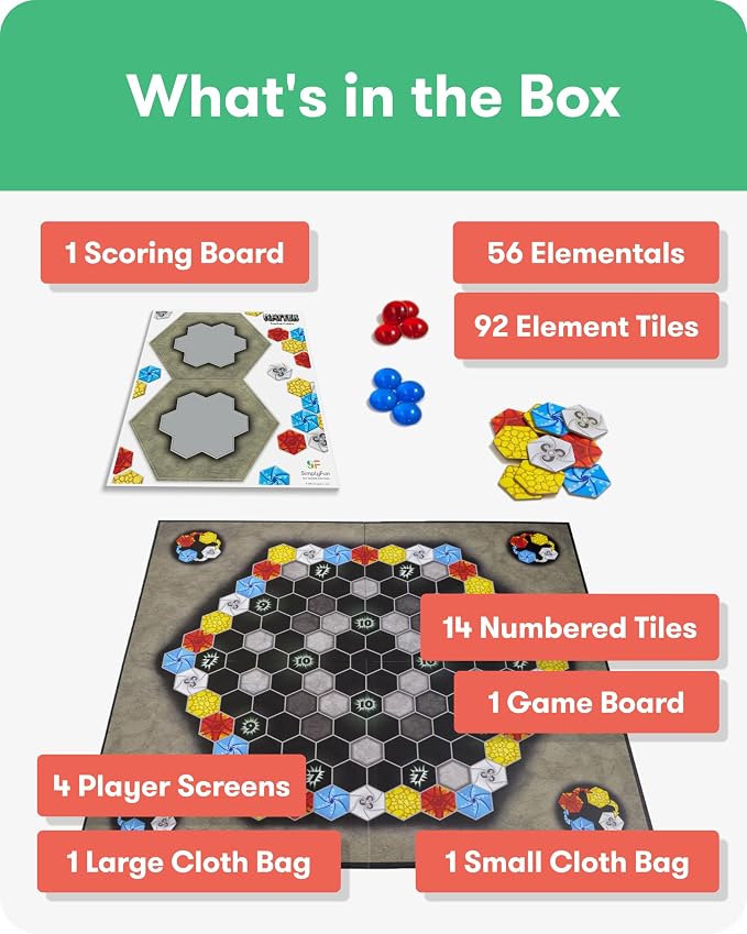 SimplyFun Matter Board Game – Area Control Strategy Game for Teens and Adults Ages 10+ – Includes Game Board, 92 Element Tiles, 56 Elementals, 14 Matter Tiles, 4 Player Screens, 2 Bags – 2-4 Players