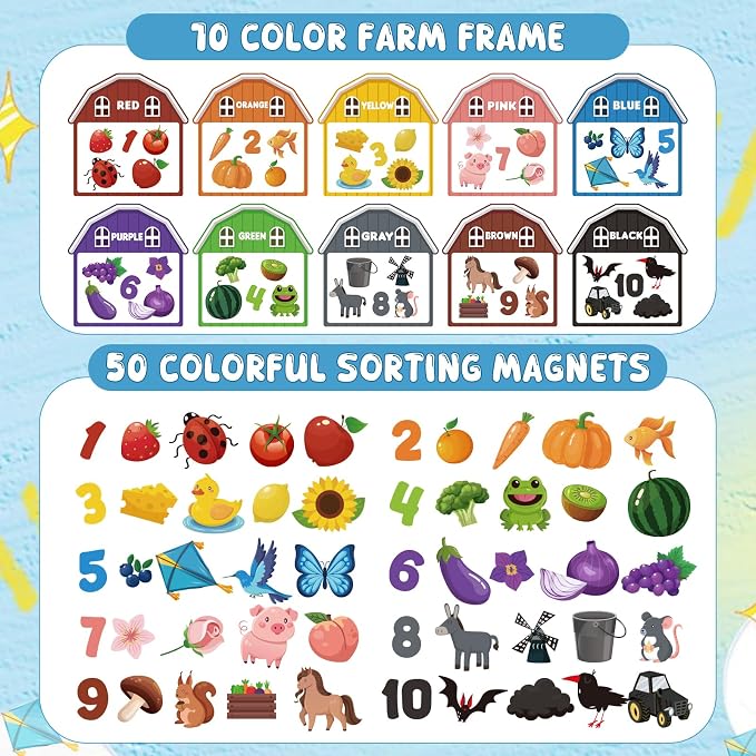 10Pcs Magnetic Color Sorting Cute Farm Animal Fridge Magnets for Toddlers | 60 Toddler Magnets for Refrigerator Early Education Toddler Color Sorting Learning Activities Boys Girls Gifts