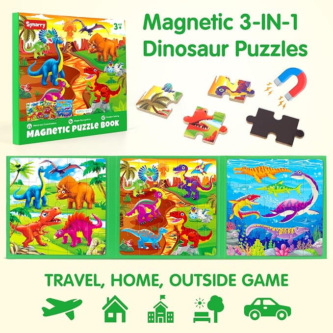 SYNARRY Magnetic Dinosaur Puzzle for Kids Ages 3-5, Travel Dinosaur Toys | 20-Piece Magnetic Travel Puzzle for Kids Ages 4-6, Car Airplane Road Trip Activities, Quiet Toys, Dinosaur Gifts for Kids