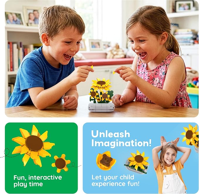 PicassoTiles 130pc STEM Sunflower Building Brick Block Set with Vase Flower Craft Toy for Kids Ages 3+ Educational Learning and Creative Activity Construction Room Decor Gift for Boys and Girls PBS22