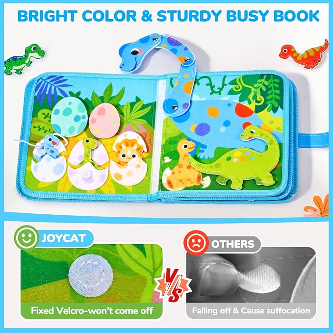 JoyCat Dinosaur Busy Book for Toddlers 2-5, Montessori Quiet Activity Toy | Dinosaur busy book with life skills activities helps toddlers practice fine motor skills and enjoy quiet travel play.